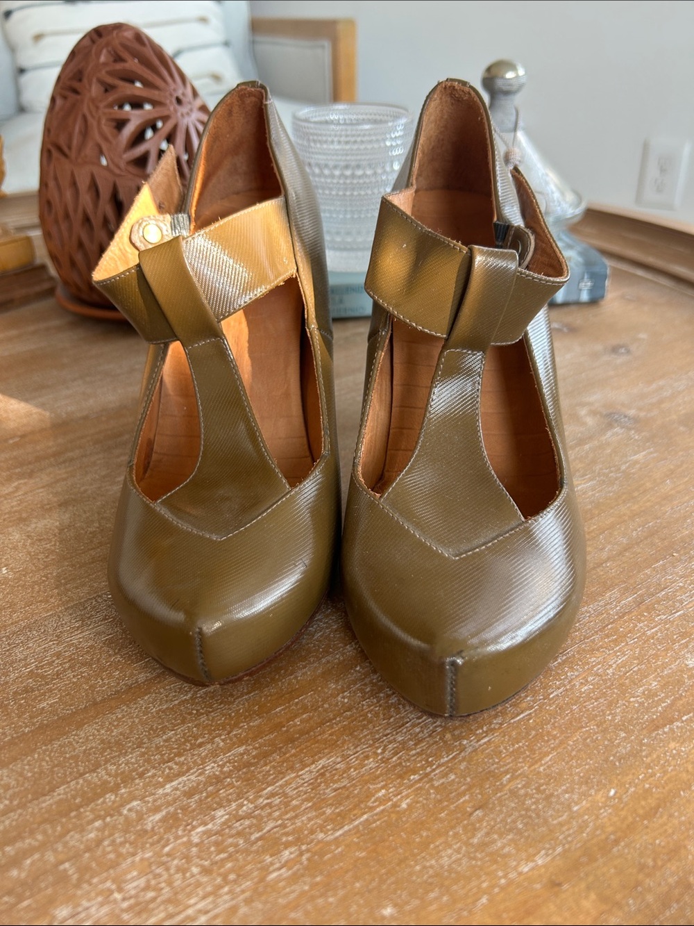 Olive Green T-Strap Platform Heels with Ankle Buckle